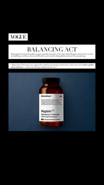 A minimalist, press-featured product ad using a Vogue endorsement to anchor credibility for a cognitive support supplement.